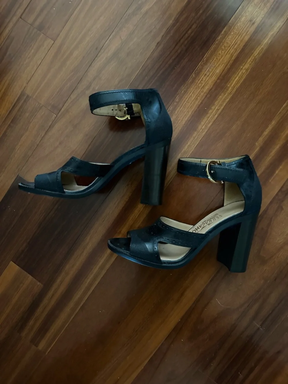 Salvatore Ferragamo Black Suede Platform Sandals with Gold Buckles